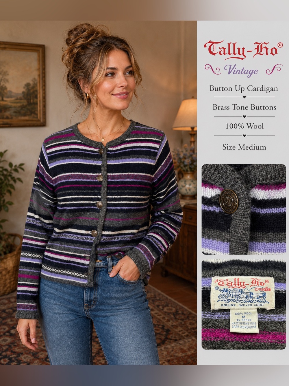 Vintage Tally Ho 100% Wool Striped Cardigan Brass Buttons Size M